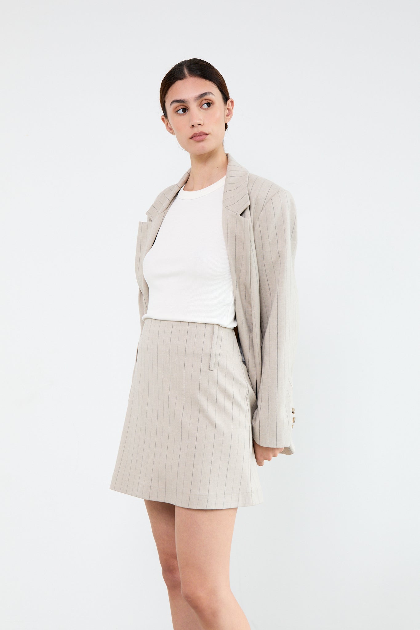 MAGGIE SKIRT|Beige Pinstripes