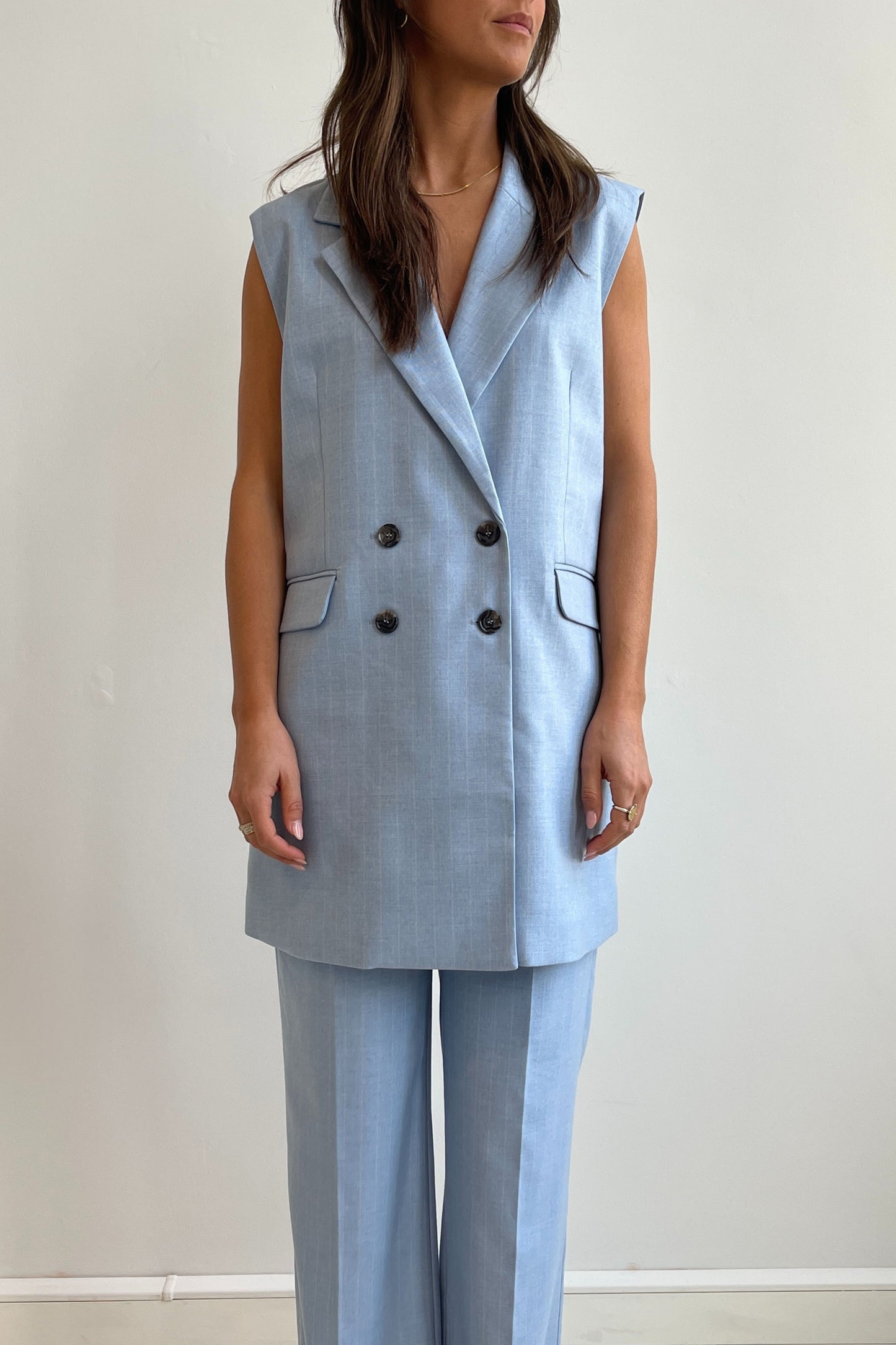 OLIVE SLEEVELESS BLAZER | LIGHT BLUE PINSTRIPE