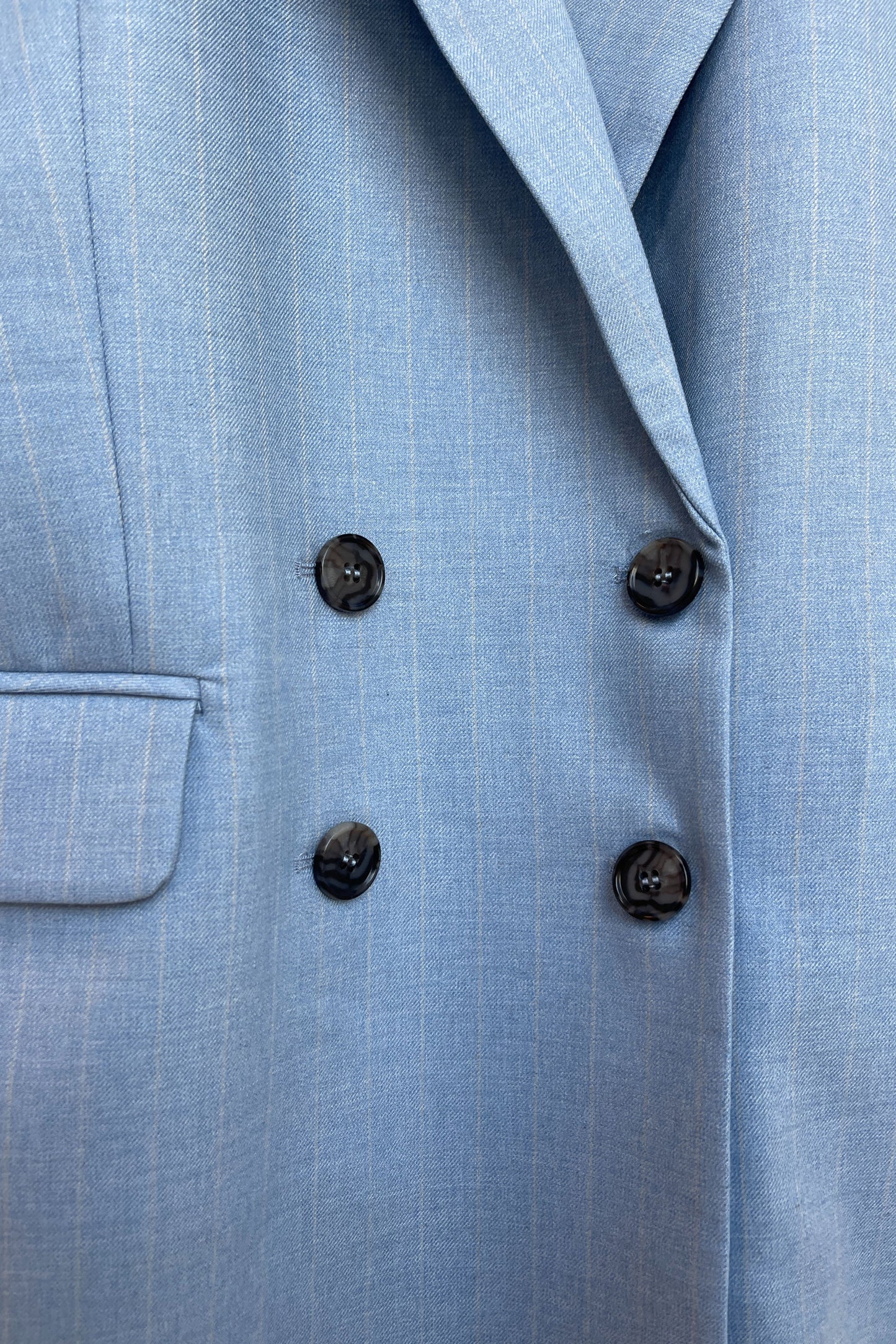 OLIVE SLEEVELESS BLAZER | LIGHT BLUE PINSTRIPE