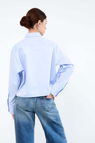 Person wearing a light blue shirt and blue jeans
