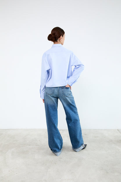 Person wearing a light blue shirt and blue jeans standing 