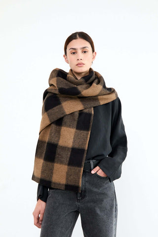 Person wearing a large checkered scarf 