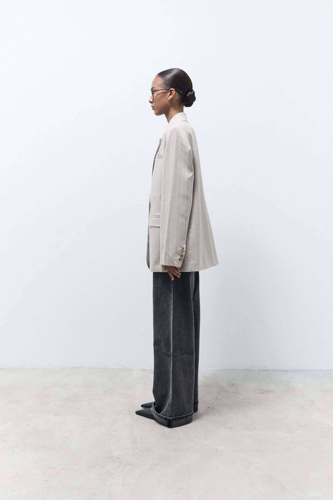 oversized beige pinstripe blazer