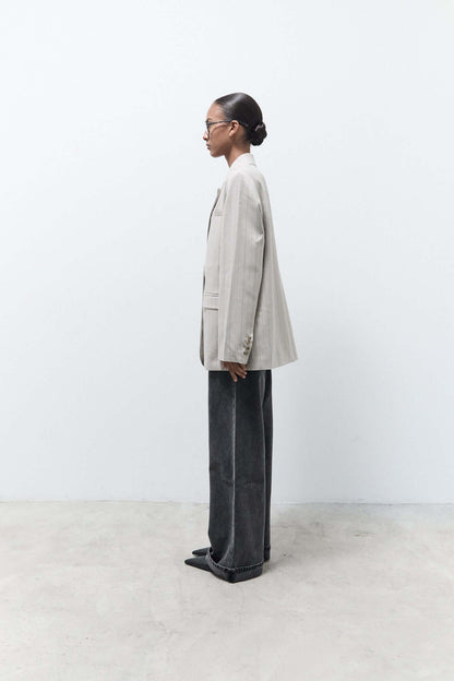 oversized beige pinstripe blazer
