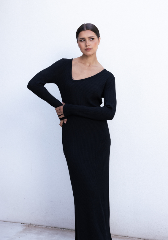 EVE BLACK DRESS IN RIBBED COTTON|BF24