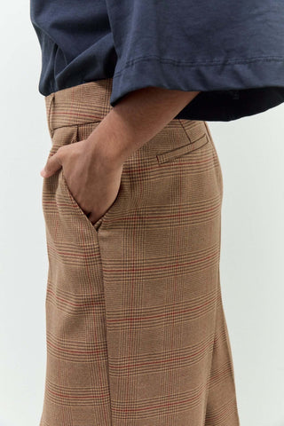 Person wearing a brown plaid skirt with a white background
