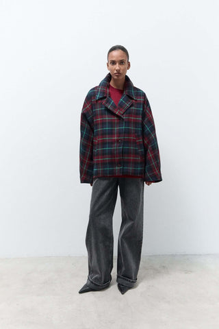 Plaid oversized jacket styled with grey jeans