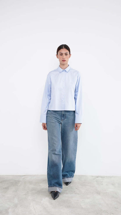 woman in a light blue shirt