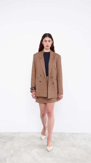 Tailored plaid blazer and skirt set in camel tones