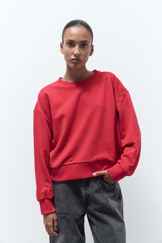 Person wearing a red sweatshirt and gray pants